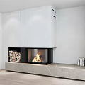 Modern Wooden And Marble Background Wall Design With Fireplace Flame Stacked Firewood And Shelf Decorations