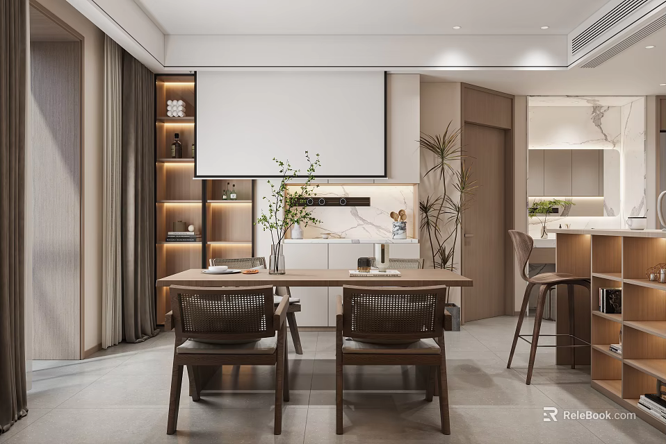 Modern Restaurant Interior Design With Dining Table Chairs Plant And Open Layout 3d model