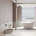 Elegant Modern Bathroom Interior With Freestanding Bathtub Double Vanity Large Mirror Blinds Design