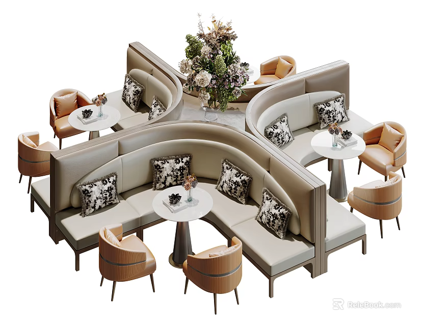 Casual Sofa Set with Curved Design Beige Upholstery Patterned Cushions and Small Round Tables 3d model 