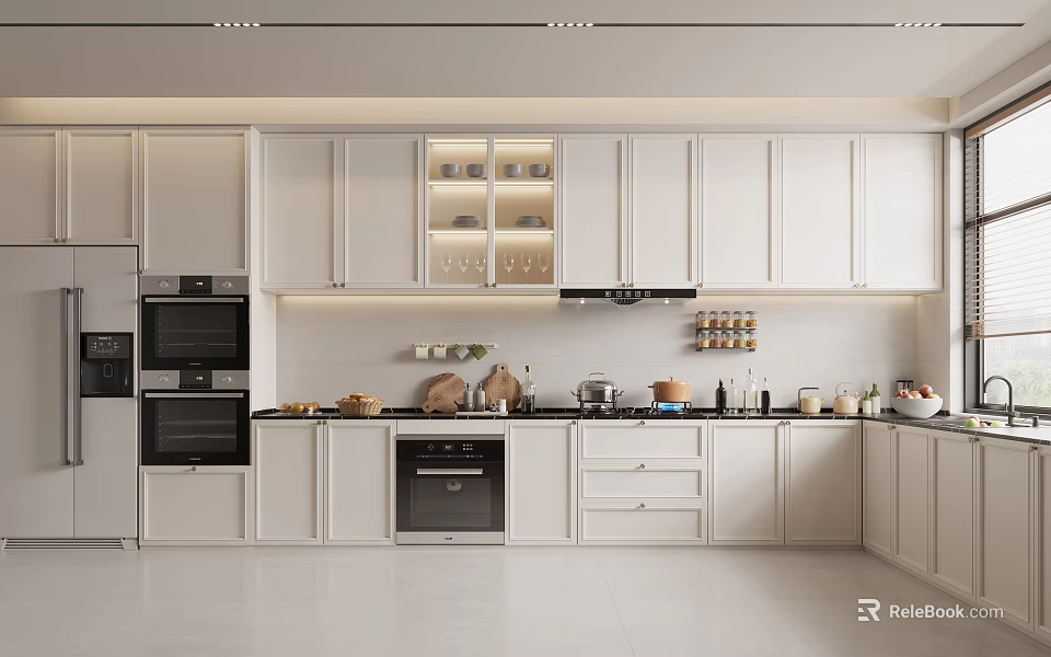 Modern Kitchen Interior Design With White Cabinets Island Counter And Appliances 3d model 