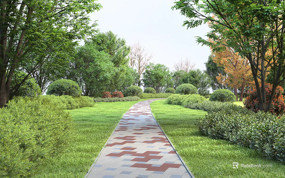 Municipal Road With Red Gray Diamond Pavement Lush Lawn Shrubs And Trees 3d model 