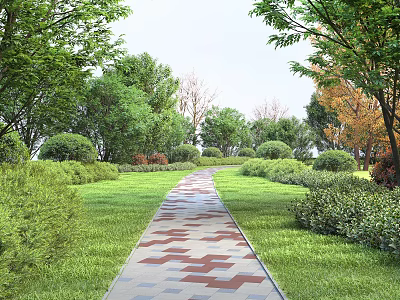 Municipal Road With Red Gray Diamond Pavement Lush Lawn Shrubs And Trees 3d model