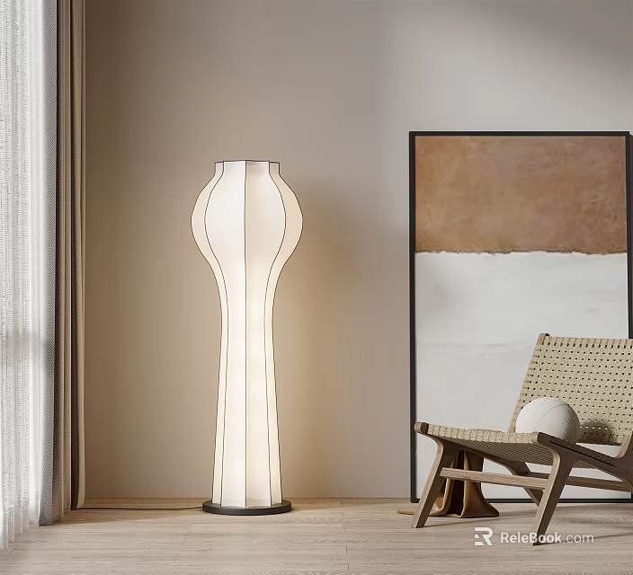 Modern Floor Lamp In Living Room With Wicker Chair And Wall Painting 3d model 