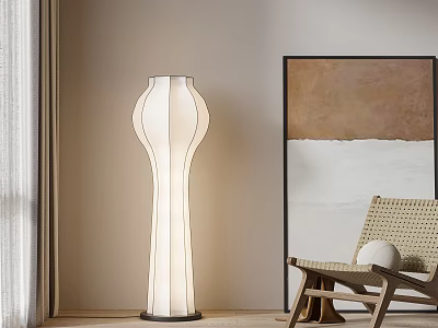 Modern Floor Lamp In Living Room With Wicker Chair And Wall Painting 3d model