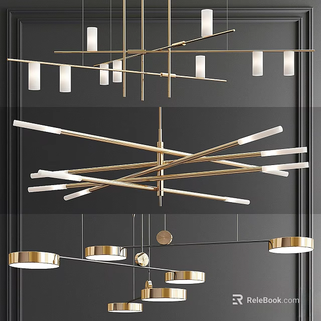 Modern Gold Linear And Circular Chandelier Design For Dark Wall Interior 3d model