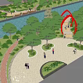 Waterfront Landscape Design With Red Frame Structures Trees River Walkway Paved Area and Pavilion 3d model