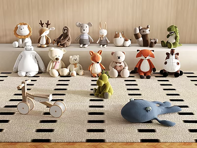 Plush Stuffed Animal Toys Featuring Various Animal Designs On Shelf And Carpet With Wooden Tricycle 3d model