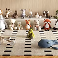 Plush Stuffed Animal Toys Featuring Various Animal Designs On Shelf And Carpet With Wooden Tricycle