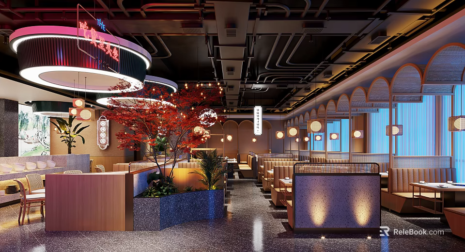 Traditional Asian Restaurant Interior With Red Maple Plant Lantern Lights Wooden Seats And Curved Windows 3d model 