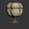 Detailed Hot Air Balloon Architectural Design With White Fabric Yellow Ropes And Brown Basket