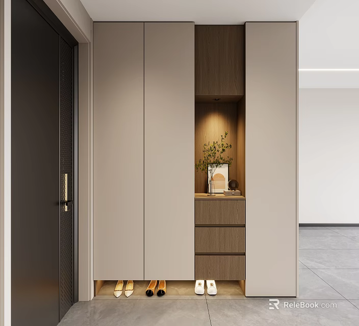 Modern Light Wood Shoe Cabinet In Entryway With Drawers Small Plant And Organized Shoes 3d model 