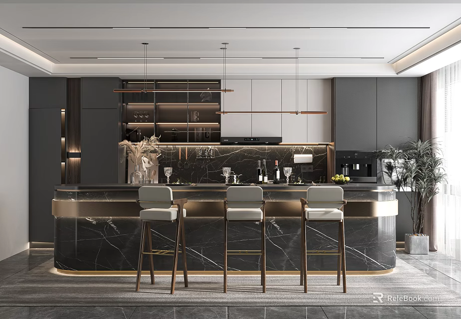 Modern Kitchen Interior With Black And White Cabinets Marble Island Bar Stools And Pendant Lights 3d model 