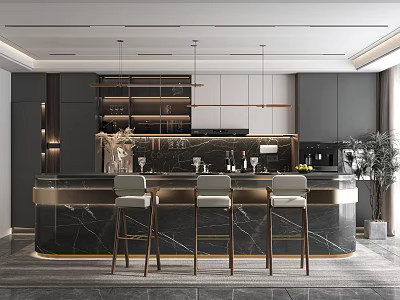 Modern Kitchen Interior With Black And White Cabinets Marble Island Bar Stools And Pendant Lights 3d model