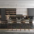 Modern Kitchen Interior With Black And White Cabinets Marble Island Bar Stools And Pendant Lights