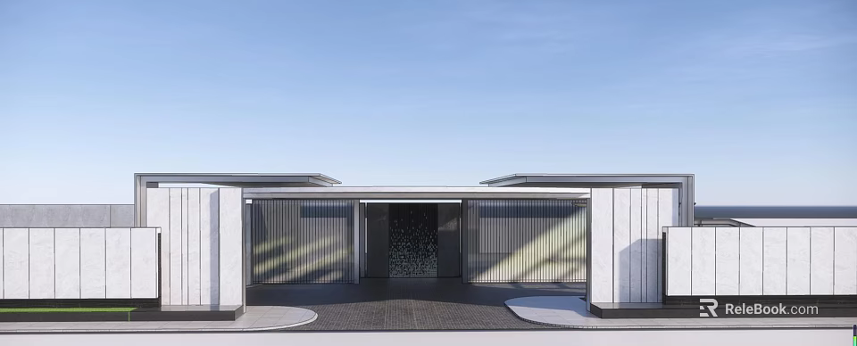Modern Entrance Gate Design With Metal Grilles Water Feature And Stone Walls 3d model 