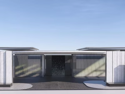 Modern Entrance Gate Design With Metal Grilles Water Feature And Stone Walls 3d model