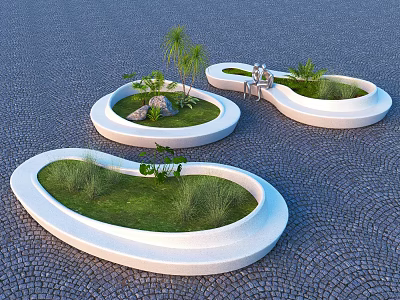 White Irregular Shaped Garden Planters With Green Plants Stones And People Sitting On Paved Ground 3d model