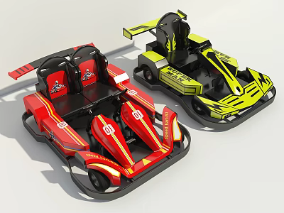 Colorful Red and Yellow Amusement Go Karts with Double Seats and Racing Design 3d model