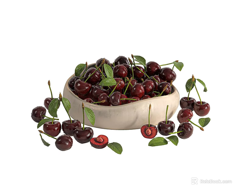 Fresh Ripe Cherries in Ceramic Bowl with Green Leaves and Scattered Berries 3d model 