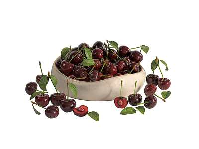 Fresh Ripe Cherries in Ceramic Bowl with Green Leaves and Scattered Berries 3d model