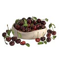 Fresh Ripe Cherries in Ceramic Bowl with Green Leaves and Scattered Berries
