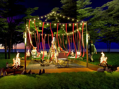 Enchanting Night Garden Landscape With Illuminated Pergola String Lights Fire Pits And Green Grass 3d model