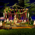 Enchanting Night Garden Landscape With Illuminated Pergola String Lights Fire Pits And Green Grass