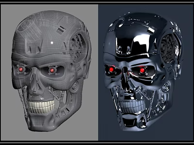 Robot Skull Mechanical Design With Red Eyes Grey And Silver Metallic Finish 3d model