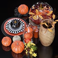 Decorative Ornament Set With Pumpkin Shaped Candle Holders Glass Jars Wooden Vase And Yellow Leaves