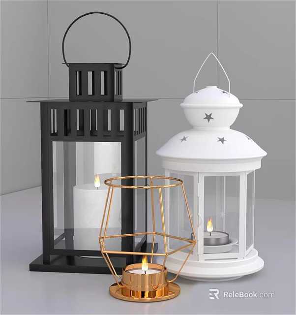 Decorative Black White Gold Candle Lanterns With Star Accents And Metal Frames 3d model 
