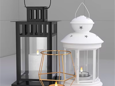 Decorative Black White Gold Candle Lanterns With Star Accents And Metal Frames 3d model