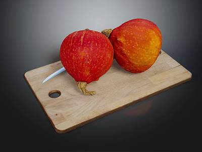 Red Orange Ripe Pumpkins On Wooden Cutting Board With Sharp Kitchen Knife 3d model