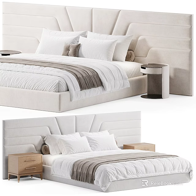 Double Bed Bedroom Interior with Upholstered Headboard White Pillows and Wooden Nightstands 3d model 