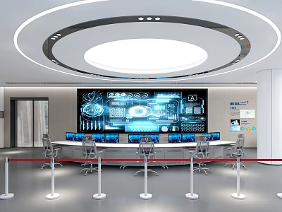 Modern Hi tech Exhibition Hall Interior With Circular Ceiling Light Large Screen Control Panel 3d model