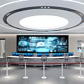 Modern Hi tech Exhibition Hall Interior With Circular Ceiling Light Large Screen Control Panel