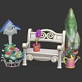 Garden Decor With Blue Birdhouse White Bench Purple Hyacinth Green Tree And Pink Watering Can
