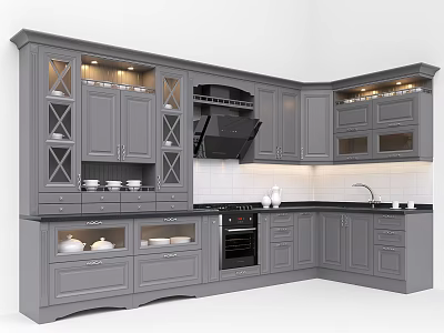 Modern Kitchen With Gray Glass Front Cabinets Black Countertop Built-in Oven And Range Hood 3d model