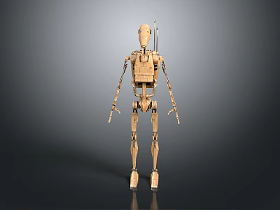 Wooden Humanoid Robot Figure With Light Brown Color And Gray Background 3d model