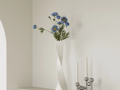 Elegant Blue Flowers In Modern White Vase For Home Interior Decoration Ideas 3d model