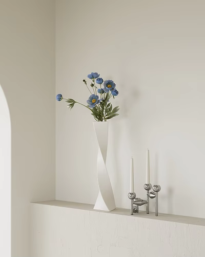 Elegant Blue Flowers In Modern White Vase For Home Interior Decoration Ideas 3d model