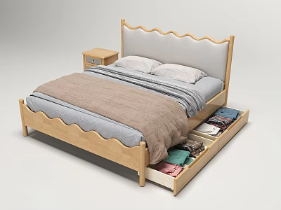 Double Bed With Wooden Frame Scalloped Headboard Storage Drawers And Nightstand 3d model