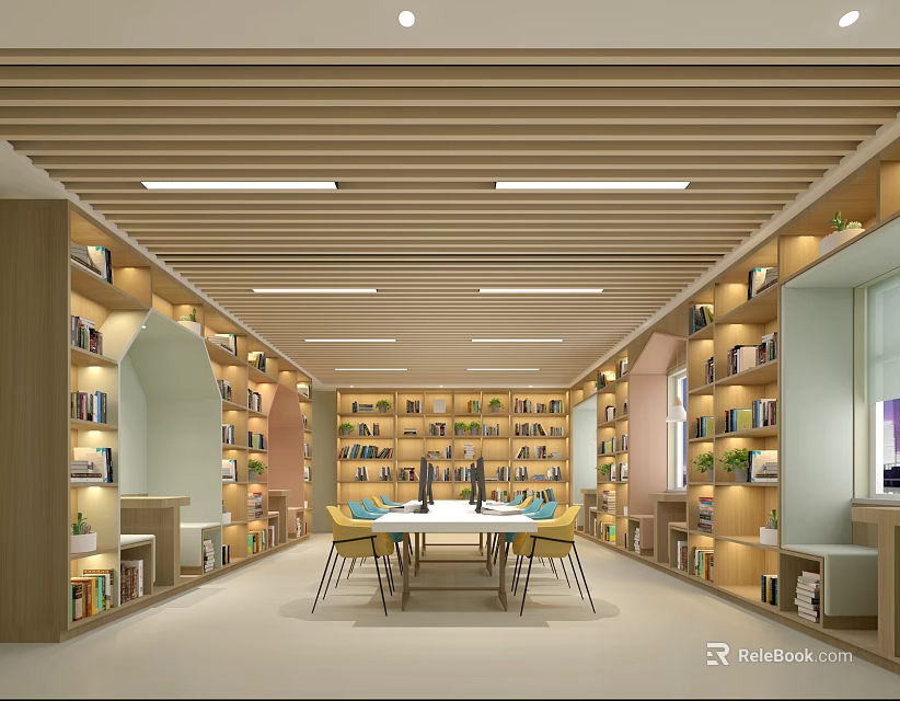 Book Art Library Interior With Wooden Bookshelves Reading Table And Colorful Chairs 3d model 