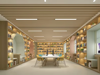 Book Art Library Interior With Wooden Bookshelves Reading Table And Colorful Chairs 3d model