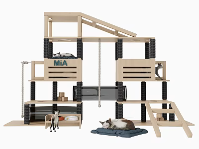 Multi Level Cat Playground With MIA Sign Swing Platforms Ladder And Cat On Mat 3d model