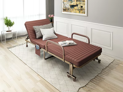 Folding Bed with Metal Frame Wheels Comfortable Pillows and Magazine in Modern Room 3d model