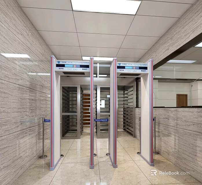 Modern Office Corridor With Security Gates Marble Walls Shelves And Lighting 3d model 
