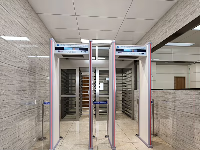 Modern Office Corridor With Security Gates Marble Walls Shelves And Lighting 3d model