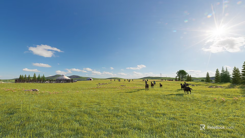 Picturesque Vast Green Grassland Landscape With Running Horses Traditional Yurts And Bright Sunny Blue Sky 3d model 