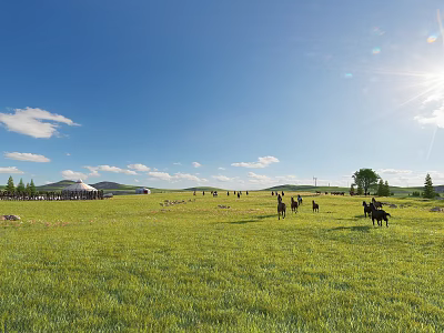 Picturesque Vast Green Grassland Landscape With Running Horses Traditional Yurts And Bright Sunny Blue Sky 3d model